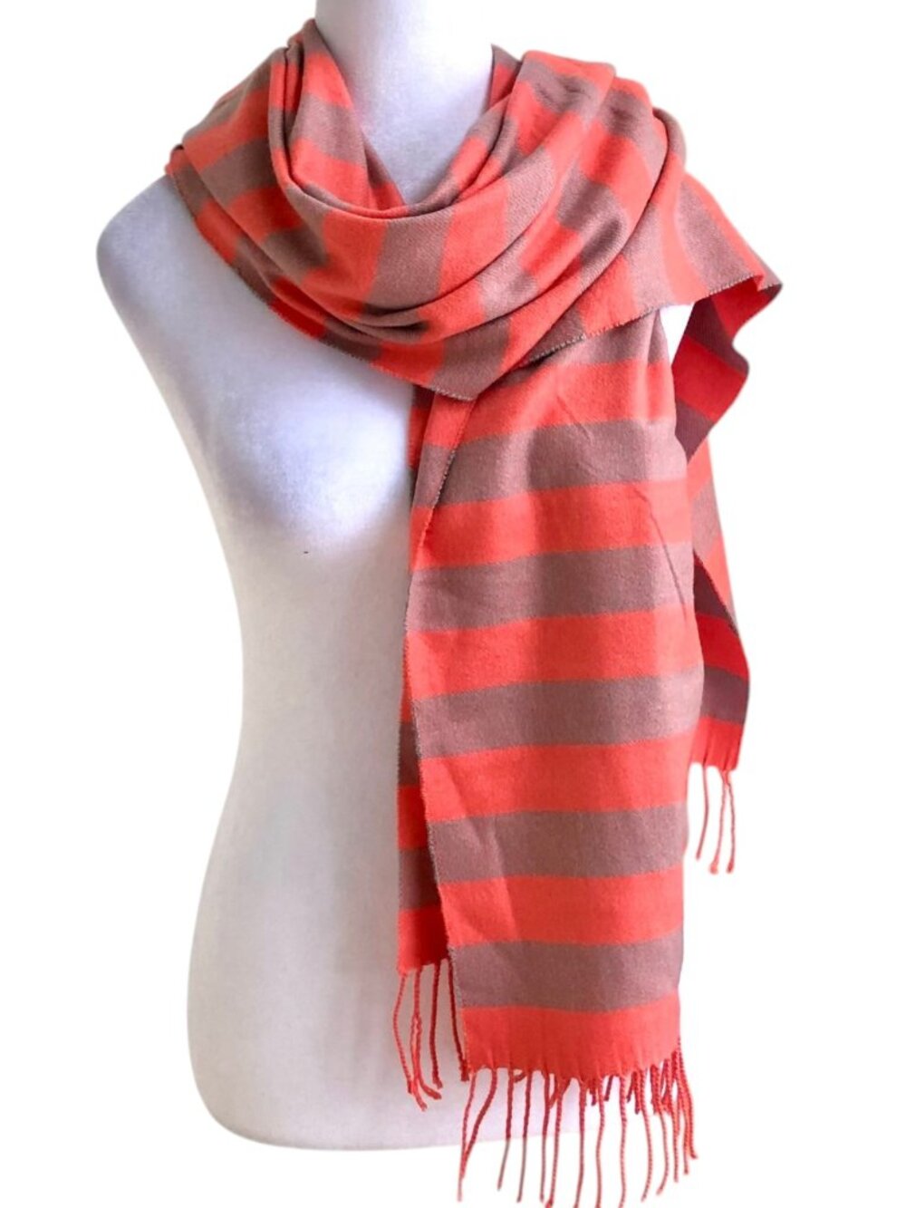 Striped Scarf Wrap Fringe Pink Coral Gray